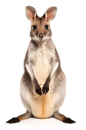 A close up of a kangaroo on a white background. Generative AI. Friendly vallaby.の素材