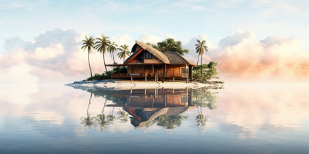 A small house on a small island in the middle of the ocean. Generative AI.の素材