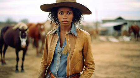 A woman in a cowboy hat standing in front of horses. Generative AI.の素材