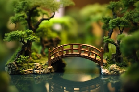 A miniature wooden bridge over a small pond. Generative AI.の素材