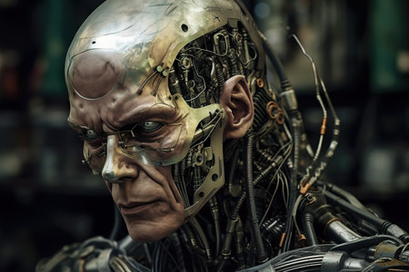 A close up of a robots head with wires attached to it. Generative AI.の素材