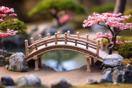A miniature model of a bridge over a pond. Generative AI.の素材