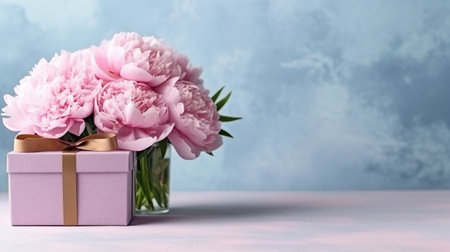 Pink peony flowers next to a present. Generative AI. Copy space, place for text, copyspace.の素材
