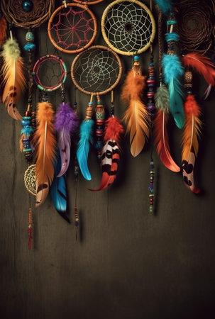 A group of colorful feathers hanging on a wall. Generative AI. Copy space, place for text.の素材