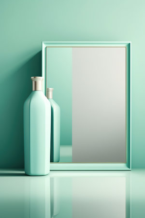 A bottle of lotion next to a mirror. Generative AI.の素材