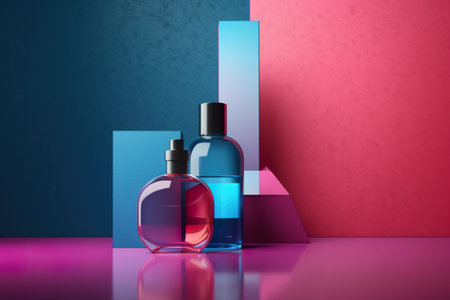 A couple of bottles of perfume sitting on top of a table. Generative AI.の素材