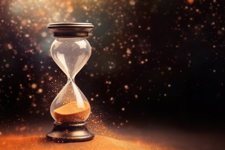 An hourglass with sand coming out of it. Generative AI. Happy new year, yearclock greeting card.の素材