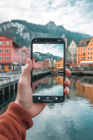 A person taking a picture of a city with a cell phone. Generative AI.の素材