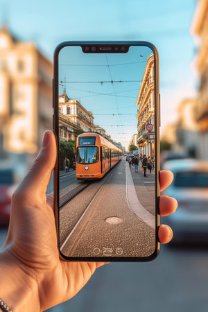 A person taking a picture of a train on a city street. Generative AI.の素材