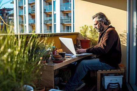 A man sitting at a table using a laptop computer. Generative AI. Professional freelancer working from home, work life balance.の素材