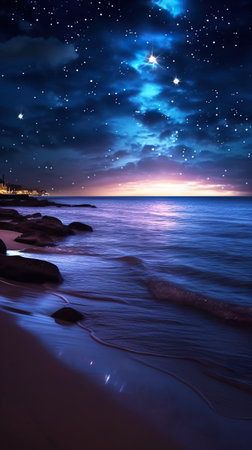 A beach at night with a star filled sky. Generative AI.の素材