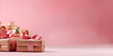 A group of three gift boxes with pink bows. Generative AI. Christmas gift boxes on pink.の素材