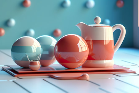 A table with a tea pot and two ceralic balls on it. Generative AI.の素材