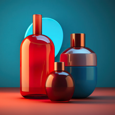 A group of cosmetic bottles on orange, cyan and blue geometric background. Generative AI.の素材