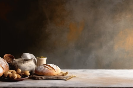 A table topped with bread and other food items. Generative AI. Copy space, place for text.の素材