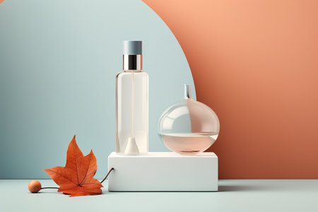 A bottle of perfume sitting on top of a table. Generative AI. Autumn cosmetics mockup display.の素材