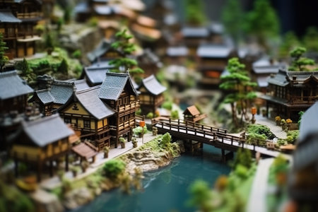 A miniature model of a village with a bridge over a river. Generative AI.の素材