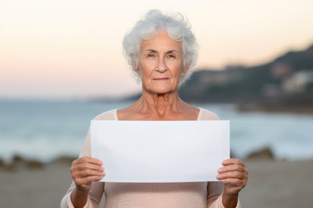 Middle-aged Latino woman holding a blank paper in front of her face. Generative AI.の素材
