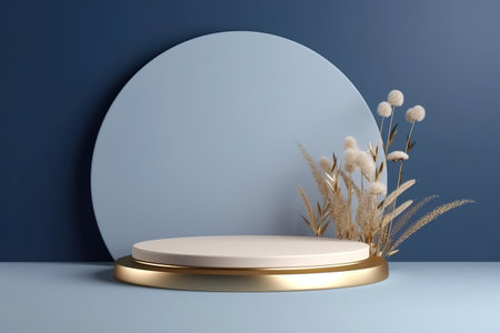 A white and blue stage platform with waves, circles and ripples. Product podium for product showcase with dry flowers. Generative AI.の素材