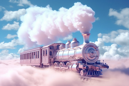 A steam engine train traveling through a cloud filled sky. Generative AI.の素材