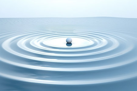 A white and blue stage platform with waves, circles and ripples. Product podium for product showcase. Generative AI.の素材