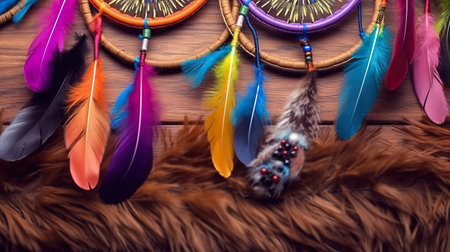 A group of colorful feathers hanging from a wall. Generative AI.の素材