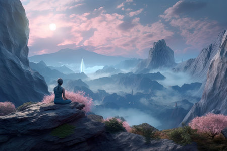 Tiny human figure meditates on the edge of a cliff, surrounded by an amazing mountain landscape. Generative AI.の素材