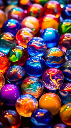 A pile of colorful marbles sitting on top of a table. Generative AI.の素材
