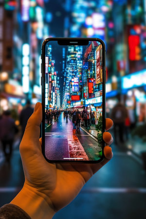 A person taking a picture of a city street at night. Generative AI.の素材