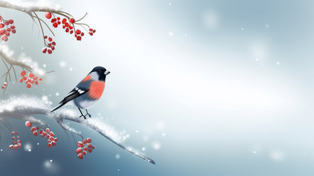 Cute bullfinch bird sits on twig with red rowan berries, Christmas greeting card, AI generative illustration, copy-spaceの素材