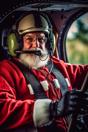 A man wearing a santa claus suit sitting in a plane. Generative AI.の素材