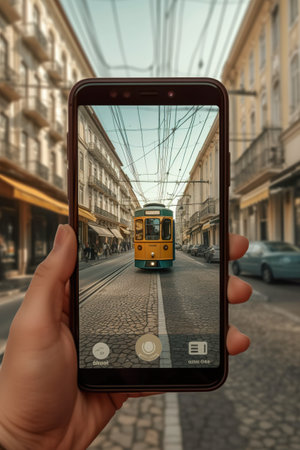 A person taking a picture of a tram on a street in Lisbon, Portugal. Generative AI.の素材