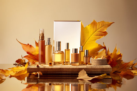 A table with a mirror, perfume bottles, and autumn leaves. Generative AI. Autumn cosmetics mockup display.の素材