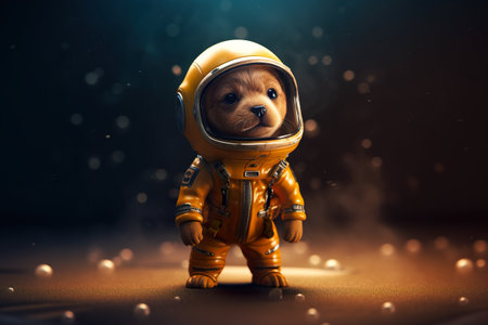 A teddy bear wearing a space suit in a dark room. Generative AI.の素材