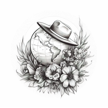 A drawing of a globe with flowers and a hat. Generative AI.の素材
