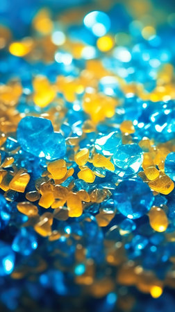 A close up of a bunch of blue and yellow beads. Generative AI.の素材