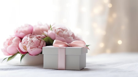 Pink peony flowers next to a present. Generative AI. Copy space, place for text, copyspace.の素材