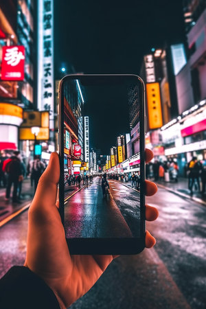 A person taking a picture of a city street at night. Generative AI.の素材