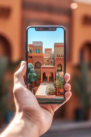 A person taking a picture of a building. Generative AI.の素材