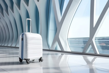 A white suitcase sitting in front of a window. Generative AI.の素材