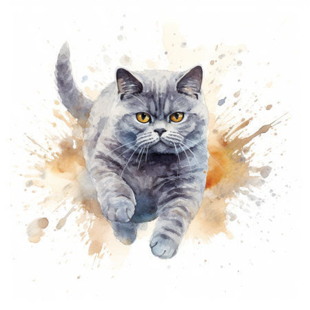 A gray cat with yellow eyes laying down. Generative AI.の素材