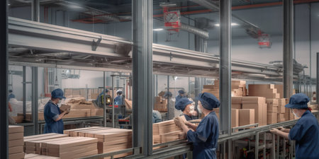 A group of workers working in a factory. Generative AI. Packaging facility.の素材