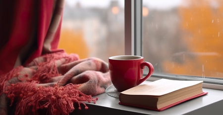 A cup of coffee and a book on a window sill. Generative AI. Autumn vibes, hello Fall.の素材