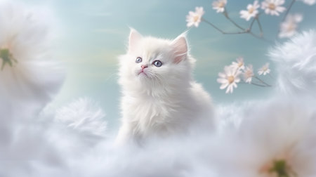 A white kitten sitting in a field of white flowers. Generative AI.の素材