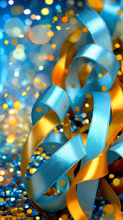 A close up of a blue and gold ribbon. Generative AI.の素材