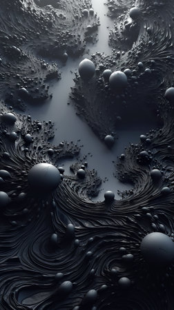 A black and white photo of a heart surrounded by bubbles. Generative AI. Freeform ferrofluid texture.の素材