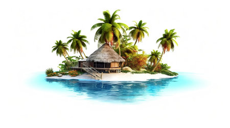 A tropical island with a thatched hut and palm trees. Generative AI.の素材