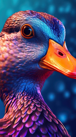 A close up of a ducks head with a blue background. Generative AI.の素材