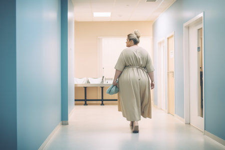 Curvy, plus size, big, chubby woman in off white dress walking down hospital hallway. Generative AI image.の素材