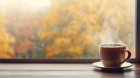 A cup of coffee sitting on a saucer near a window. Generative AI. Autumn tea on rainy day.の素材
